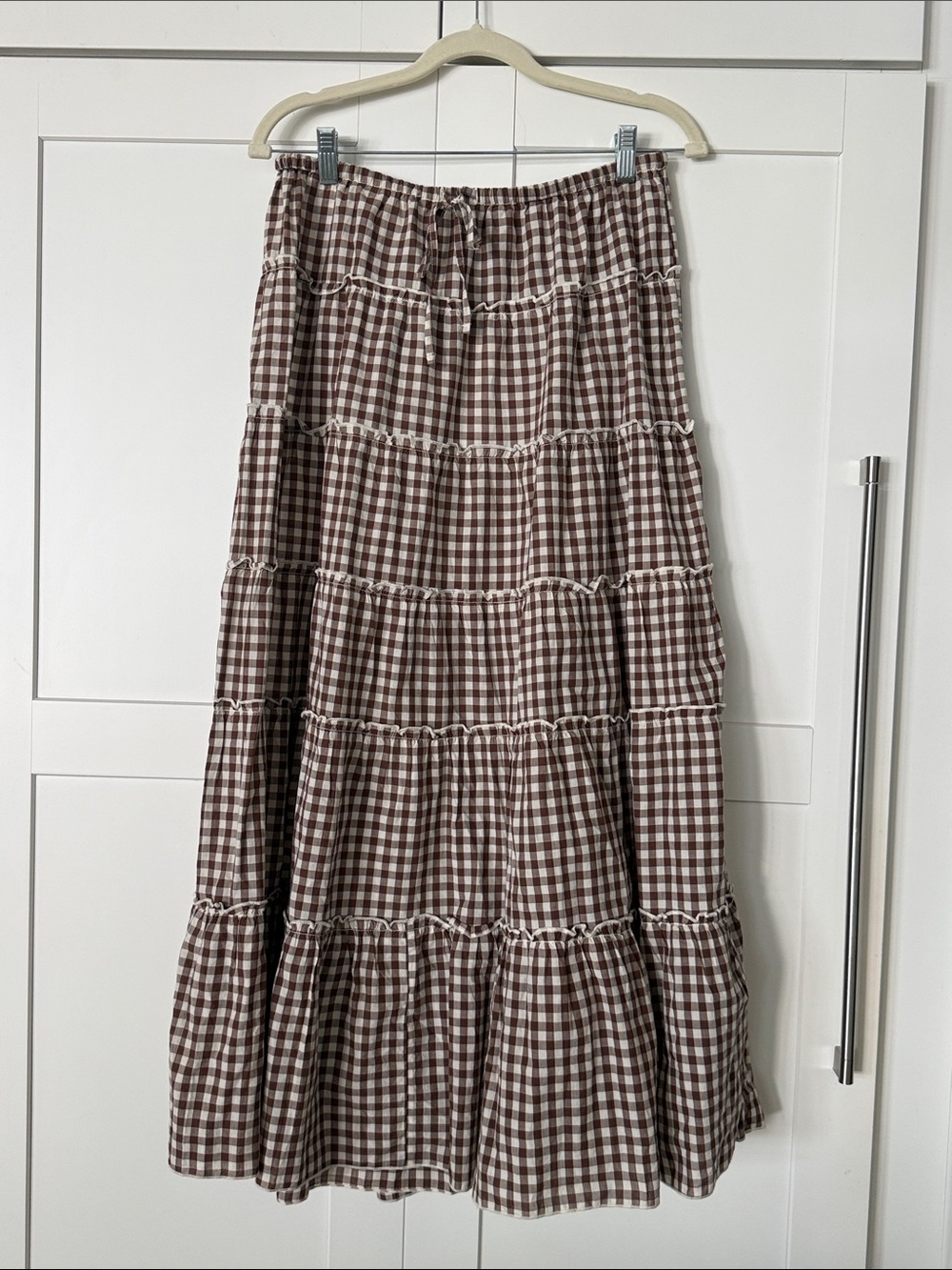 Urban Outfitters Brown & White Gingham Tiered Maxi Skirt